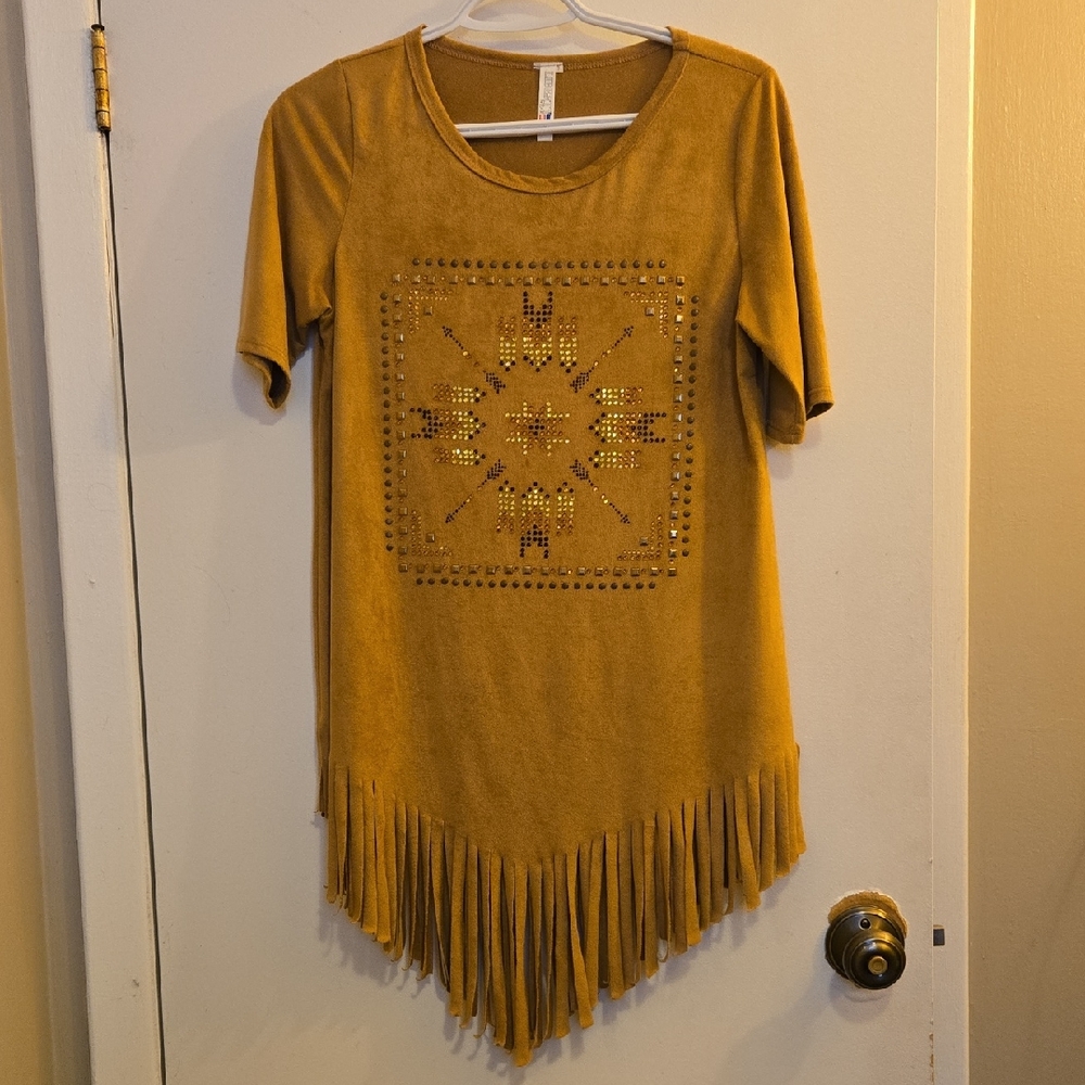 Fringed Tan Faux Seude Tunic Top